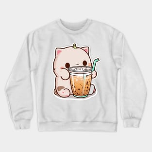 Cute Cat Drinking Bubble Tea Cartoon Boba Drawing Crewneck Sweatshirt